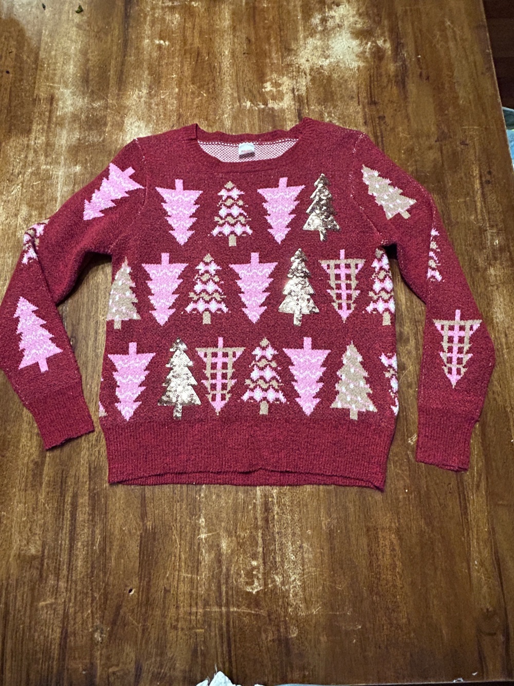 Women's Burgundy Holiday Christmas Sweater with Pink & Gold Trees